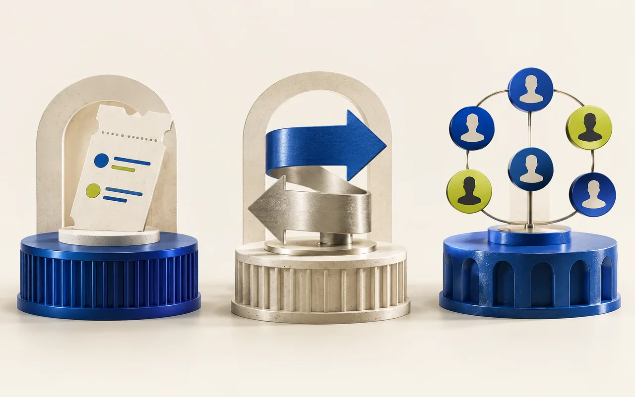 Sculptural representations of a sportsbook slip, exchange arrows and a fantasy lineup