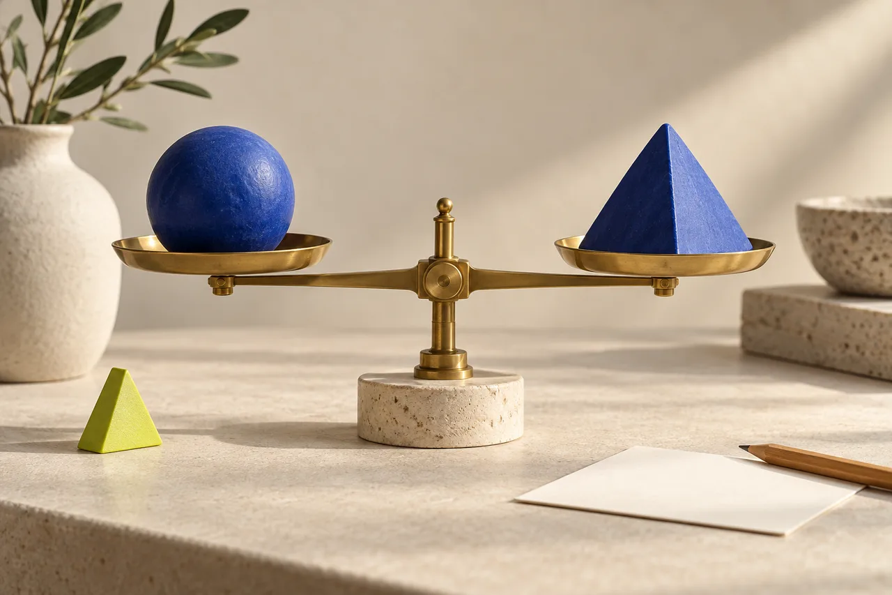 Two different cobalt shapes balanced on a scale, an original editorial illustration
